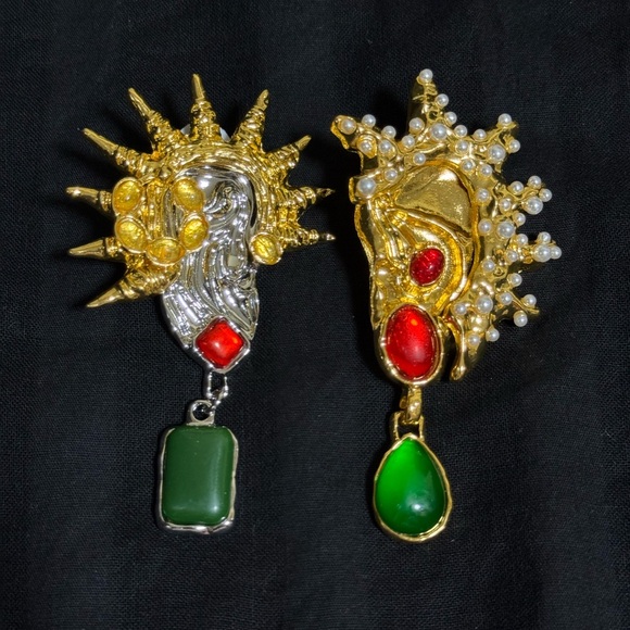 Jewelry - Schiaparelli Inspired Gold-Tone Pearl & Gem Statement Earrings with Green Drops